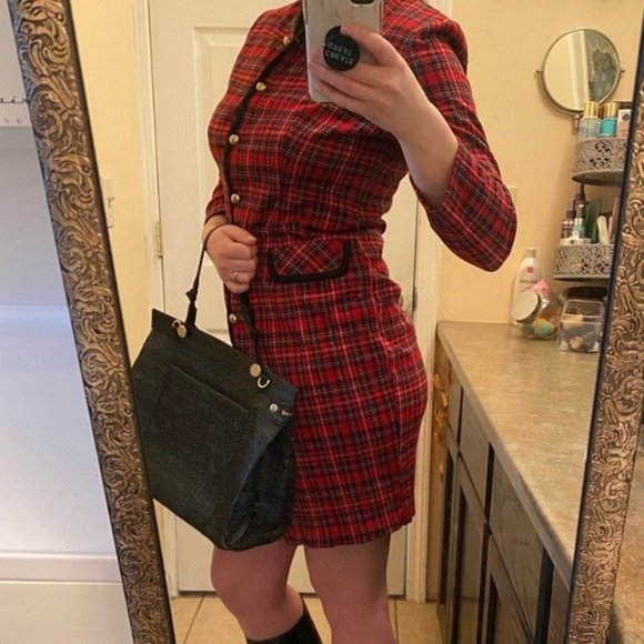 Elegant Dresses & Skirts - Vintage Plaid Button Down Long Sleeve Dress 8 Red